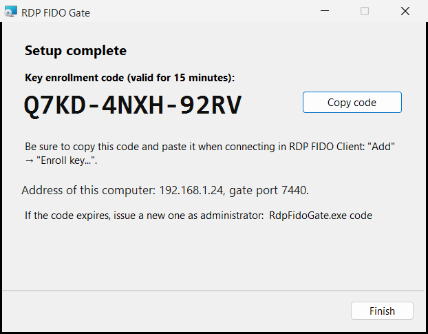 L'installer del gate mostra un codice di registrazione monouso